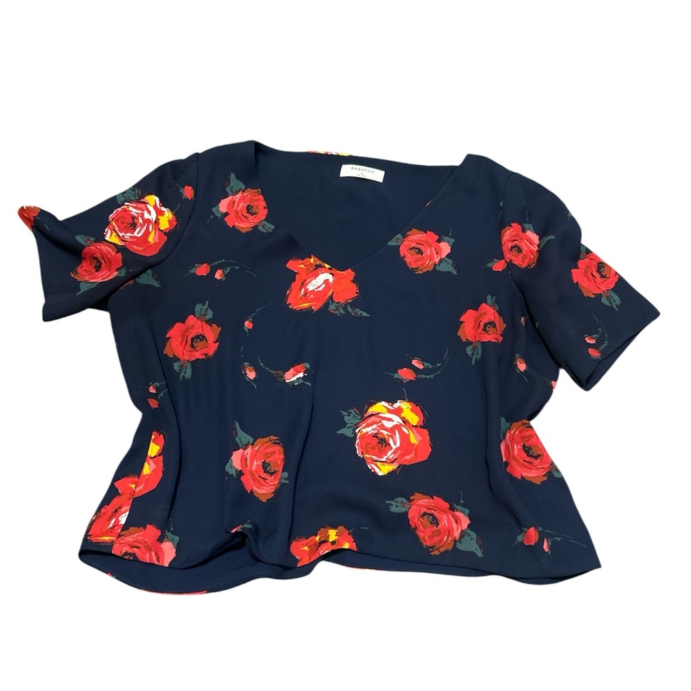 Aritzia Babaton Randy Blouse Navy Red Floral V-Neck Medium